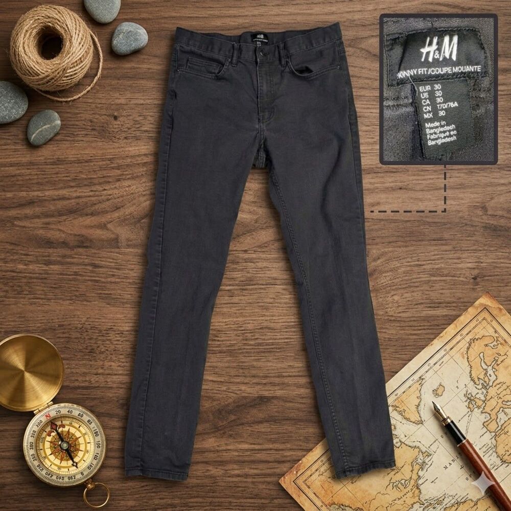 H&M Skinny Fit Size 30 Men's Vintage Grey Jeans Charcoal Excellent Cond